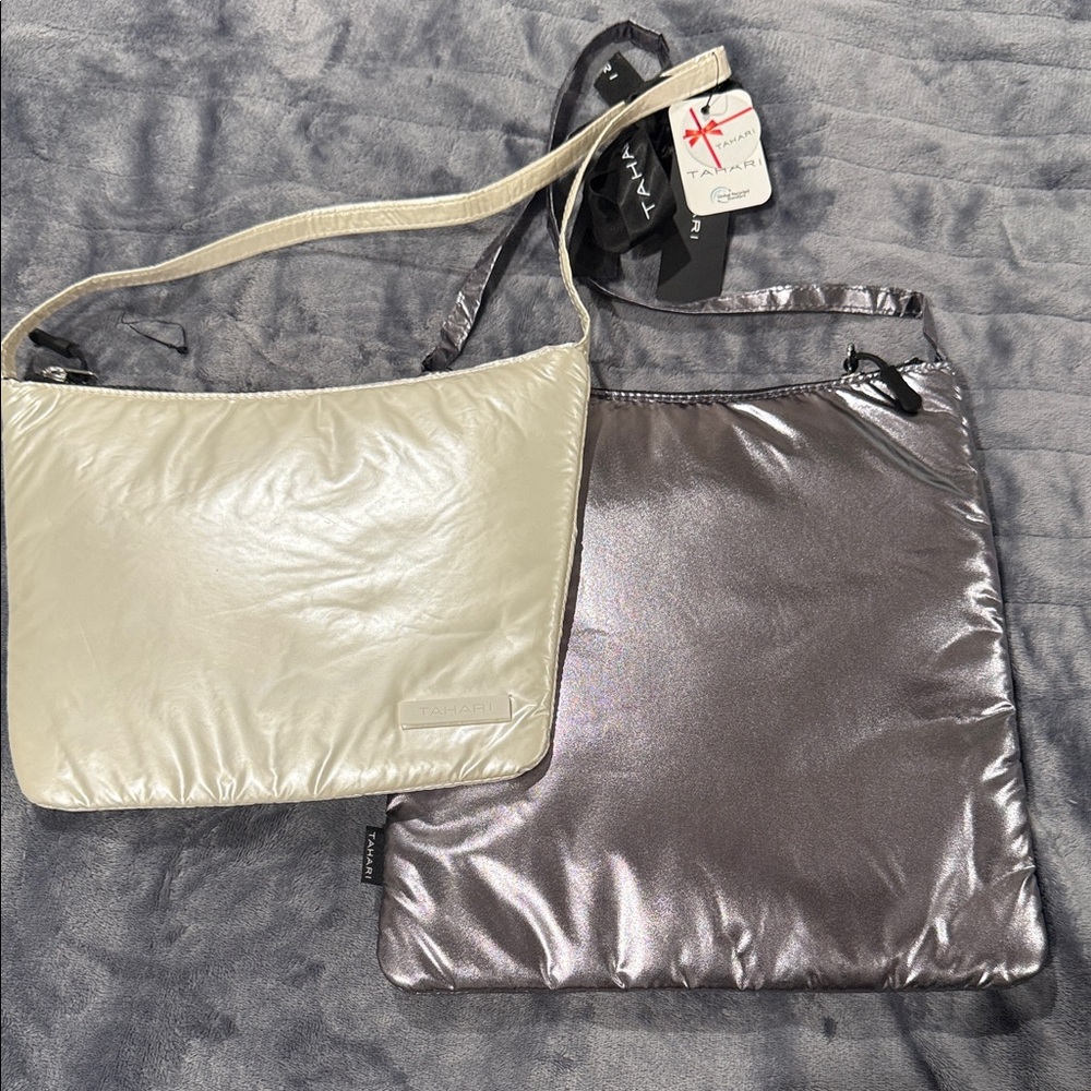 Tahari Metallic Silver and Cream Shoulder puffer Bags NWT